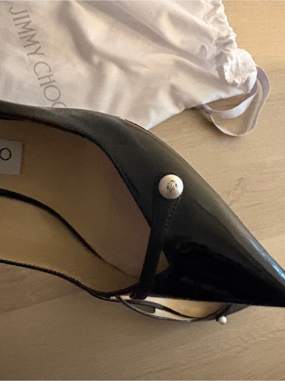Jimmy Choo Black Patent Leather Pointed Slingback Pumps with Pearl Accent - Picture 5 of 9